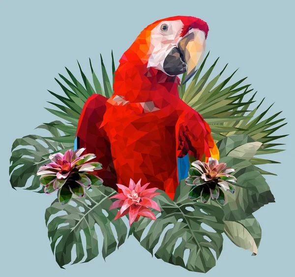 Amazon Yapraklı Çokgen Resimli Kırmızı Papağan Kuşu — Stok Vektör