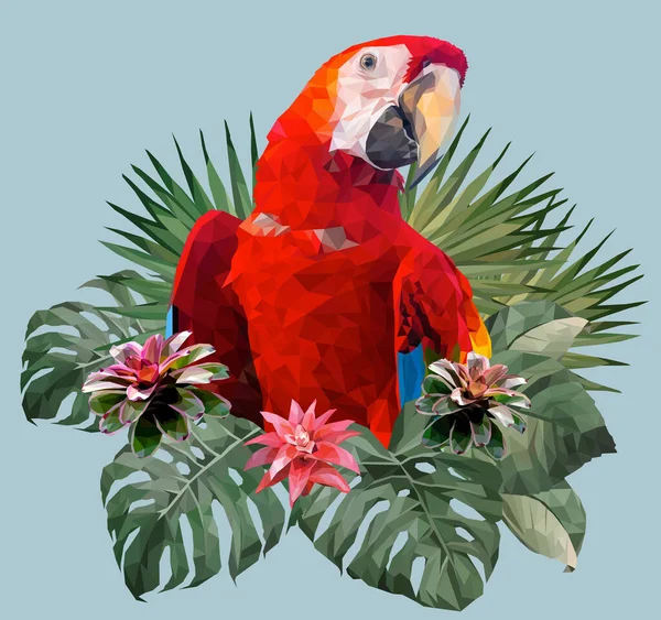 Ilustración Poligonal Guacamayo Escarlata Con Hojas Del Amazonas — Archivo Imágenes Vectoriales