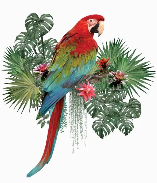 Ilustración Poligonal Pájaro Guacamayo Alado Verde Con Hojas Del Amazonas — Vector de stock