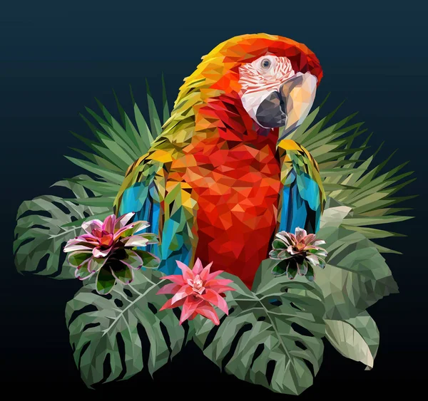 Ilustración Poligonal Guacamayo Con Hojas Del Amazonas — Vector de stock