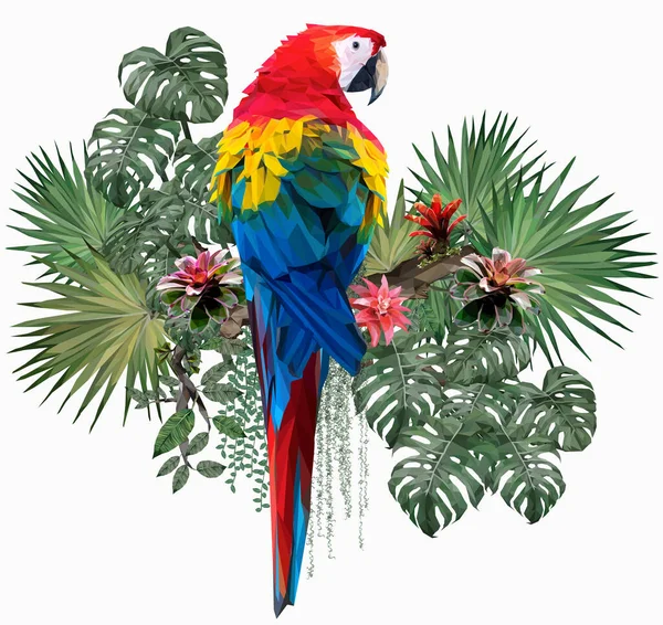 Polygonale Illustration Scharlachroter Ara Vogel Mit Amazonasblättern — Stockvektor