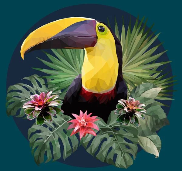 Illustrazione Poligonale Uccello Tucano Piante Forestali Amazzoniche — Vettoriale Stock