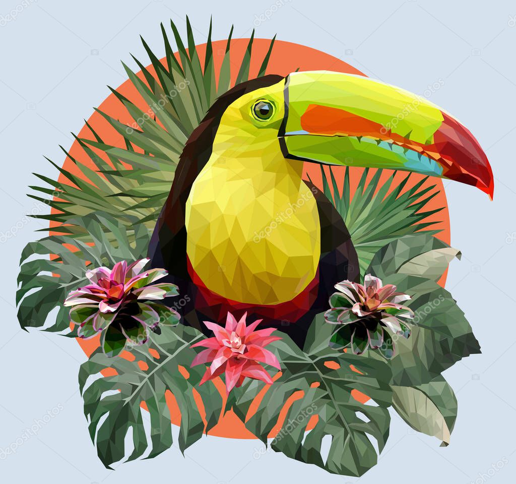 Polygonal Illustration Toucan bird and Amazon forrest plants.