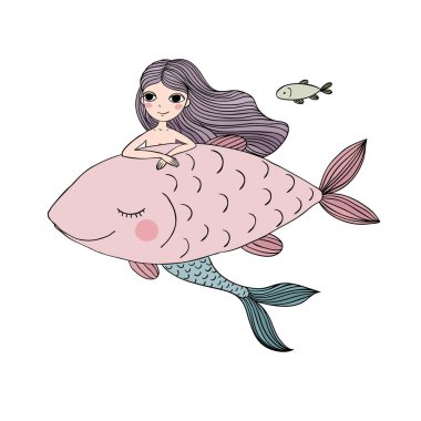 Güzel deniz kızı ve balık. Siren.