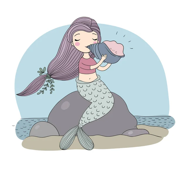 En vacker liten sjöjungfru med skal. Siren. Havstema. — Stock vektor