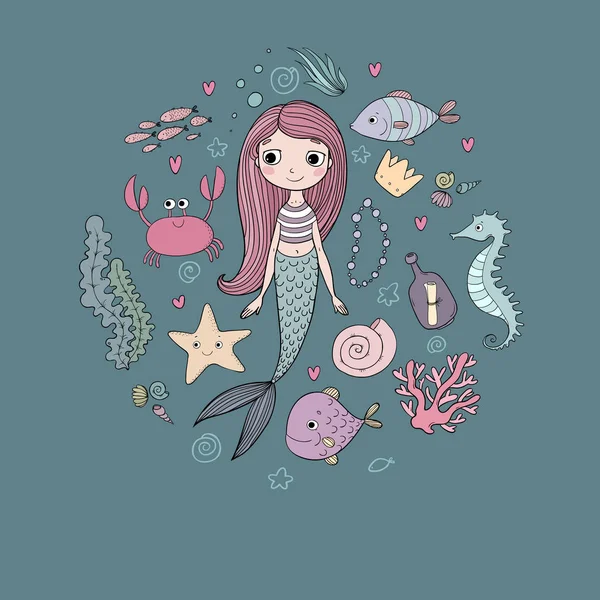 Mariene illustraties instellen. Kleine schattige cartoon zeemeermin, grappige vissen, zeesterren, fles met een noot, algen, verschillende schelpen en krab. Zee thema. — Stockvector