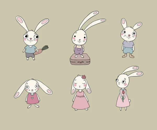 Conjunto Lindo Conejito Dibujos Animados Hermosos Conejos Vestidos Liebres Pequeñas — Archivo Imágenes Vectoriales