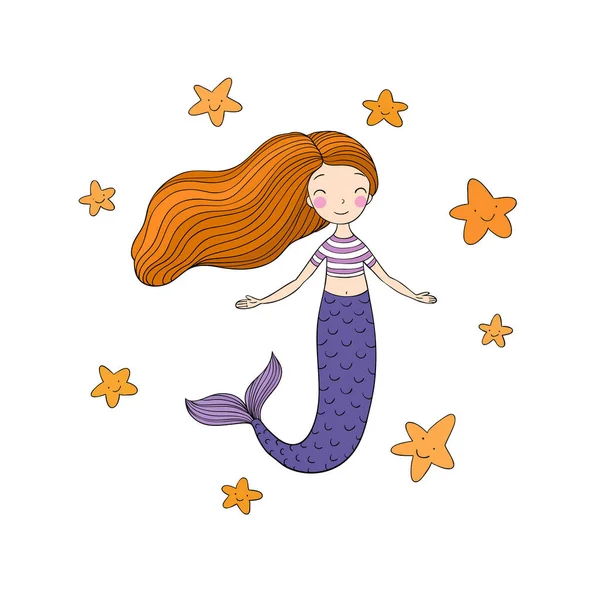 Belle petite sirène et étoile de mer. Sirène. Thème mer . — Image vectorielle
