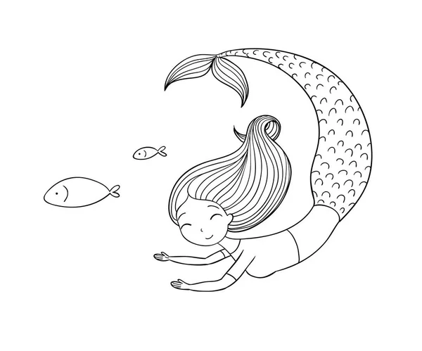 Schöne kleine Meerjungfrau und Fische. Sirene. — Stockvektor
