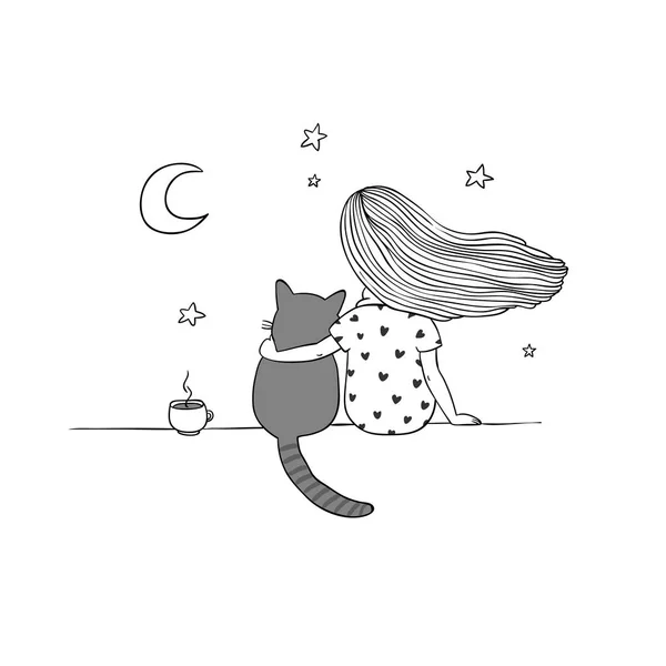 Fille et un chat sur le toit — Image vectorielle