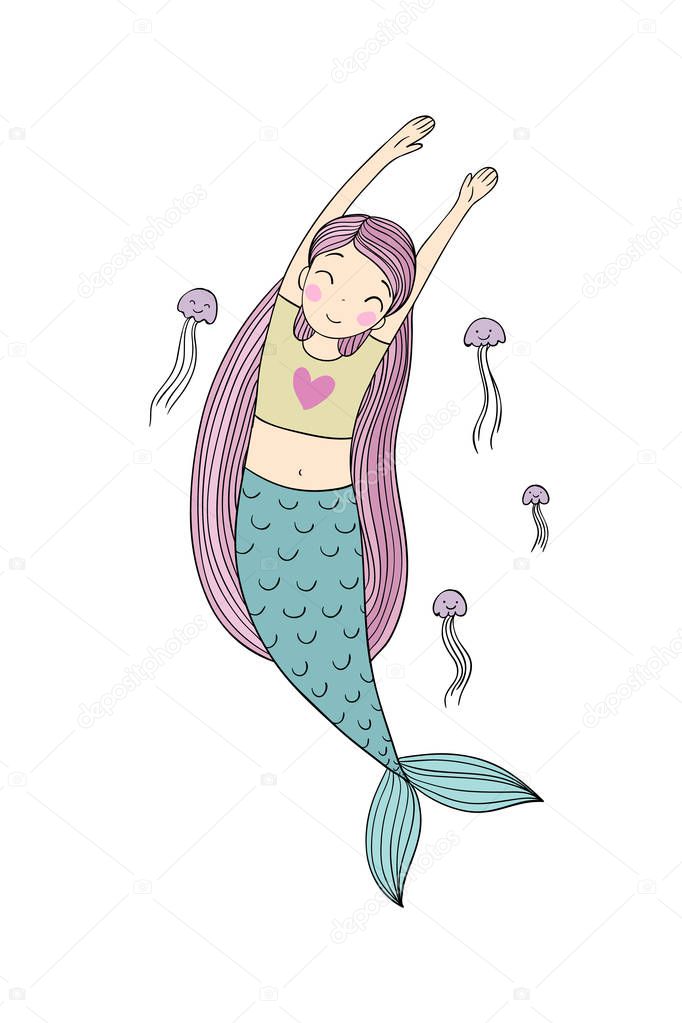 Beautiful little mermaid and jellyfish. Siren. Sea theme.