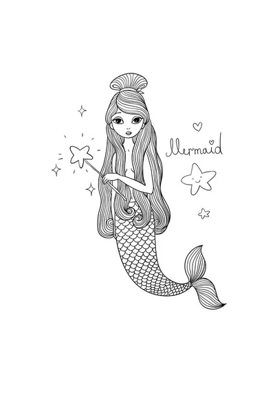 かわいい漫画の小さな人魚。サイレンだ。海のテーマ. — ストックベクタ