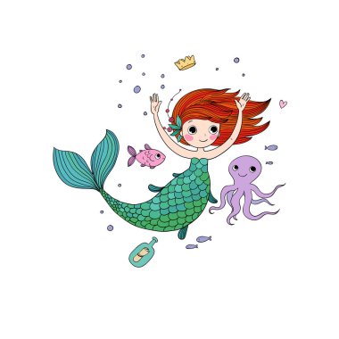 Tatlı çizgi film küçük denizkızı. Siren sesi. Deniz teması.