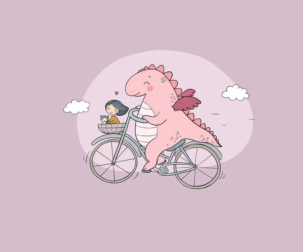 Um dinossauro engraçado dos desenhos animados em uma bicicleta . — Vetor de Stock