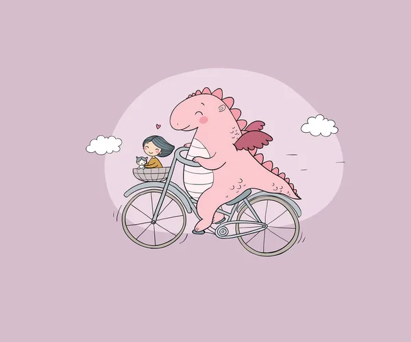 Komik karikatür dinozor bir bisiklet üzerinde.