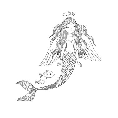 Uzun saçlı güzel sevimli çizgi denizkızı. Siren. Deniz Tema.