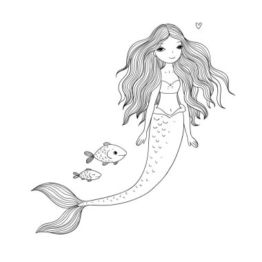 Sevimli çizgi deniz kızı ve balık. Siren. Deniz tema. Beyaz arka plan üzerinde izole nesneleri.