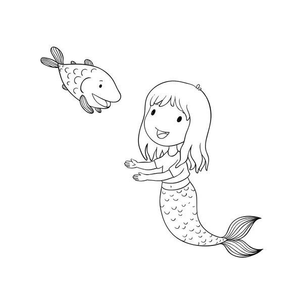 かわいい漫画人魚と魚。サイレン。海のテーマ。白い背景の上の孤立したオブジェクト. — ストックベクタ