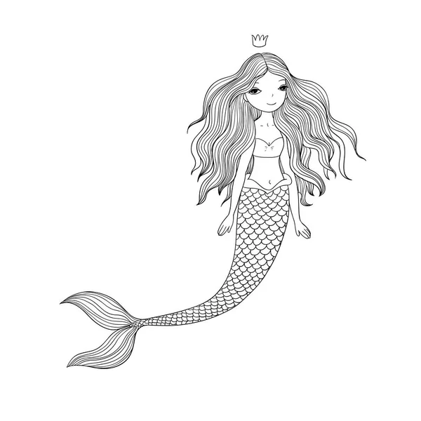 Linda sereia dos desenhos animados bonito com cabelo comprido. Sirene. Tema mar . — Vetor de Stock