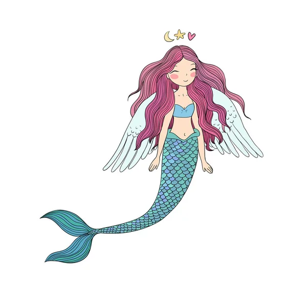 Hermosa linda sirena de dibujos animados con el pelo largo. Sirena. Tema Mar . — Vector de stock