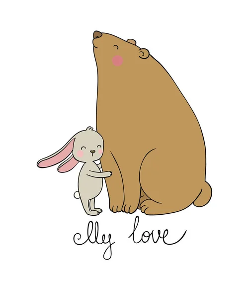 Beau dessin animé ours et lièvre. Animaux heureux . — Image vectorielle
