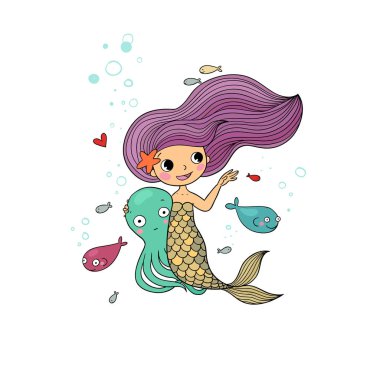 Tatlı çizgi film küçük denizkızı. Siren sesi. Deniz teması.