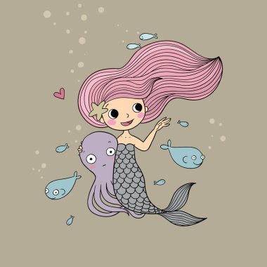 Tatlı çizgi film küçük denizkızı. Siren sesi. Deniz teması.