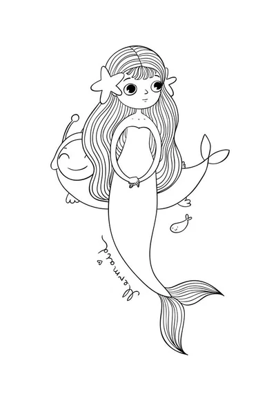 Bonito desenho animado pequena sereia. Sirene. Tema mar . — Vetor de Stock