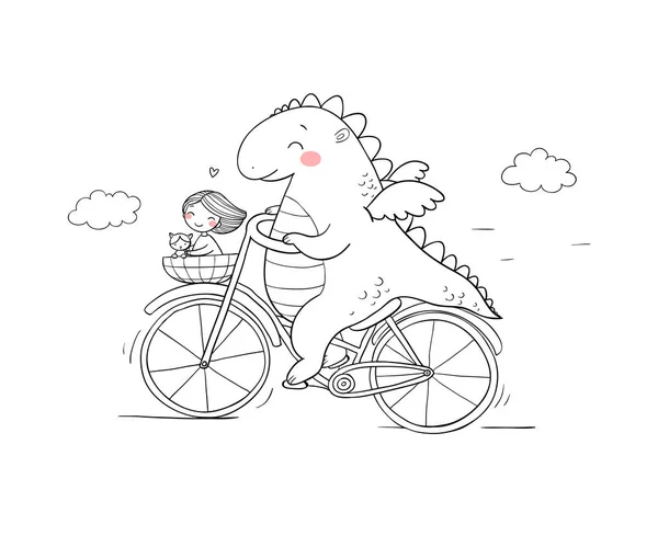 Un simpatico dinosauro dei cartoni animati in bicicletta . — Vettoriale Stock