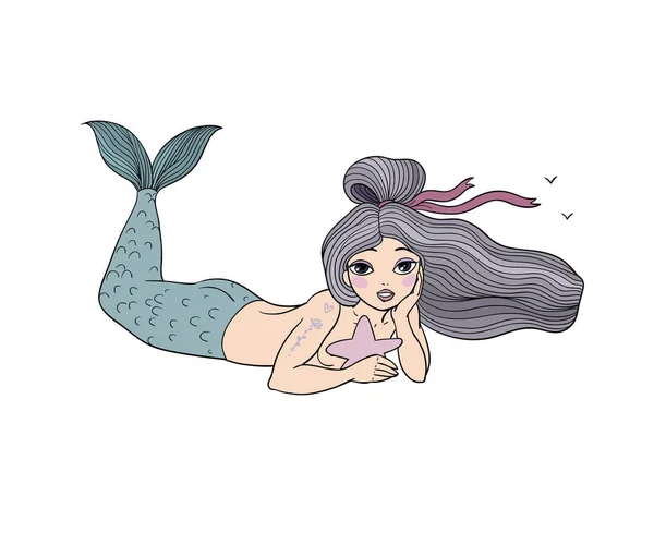 Leuke tekenfilm kleine zeemeermin. Een sirene. Zeethema. — Stockvector