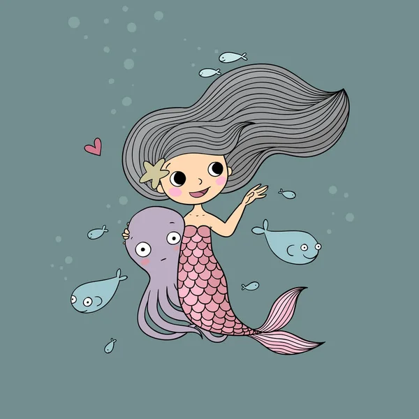 Bonito desenho animado pequena sereia. Sirene. Tema mar . — Vetor de Stock