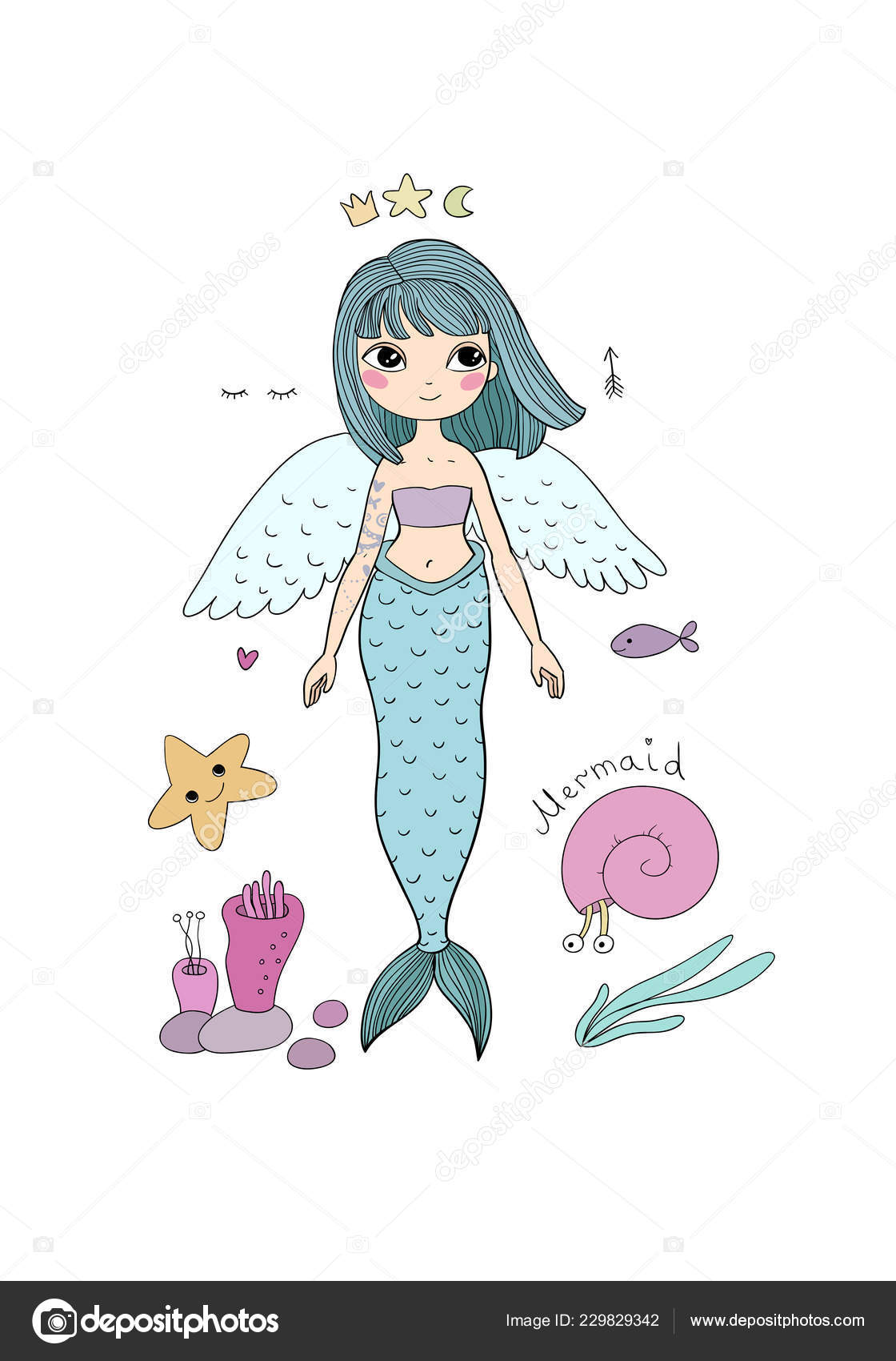 Cute cartoon little mermaid. Siren. Sea theme. Stock Vector Image by  ©Natasha_Chetkova #229829342