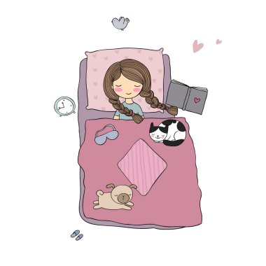 Kız, kedi ve köpek yatakta uyuyor. İyi geceler.