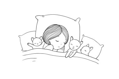 Kız ve kedi yatakta uyuyor. İyi geceler.