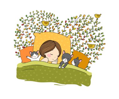 Kız ve kedi yatakta uyuyor. İyi geceler.