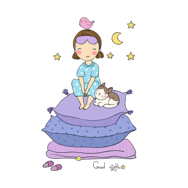 Lány és a macskák. jó éjszakát. szép álmokat. — Stock Vector