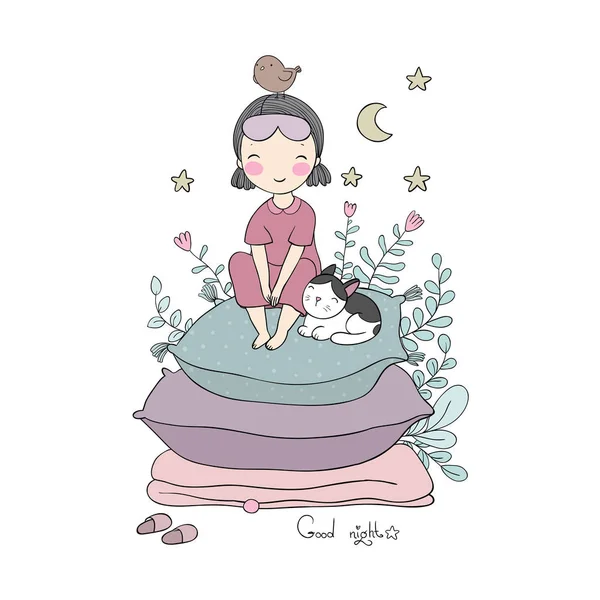 Chica y gatos. Buenas noches. Dulces sueños . — Vector de stock