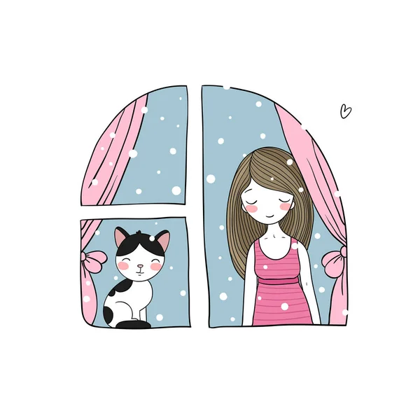 Chica y gato en la ventana . — Vector de stock