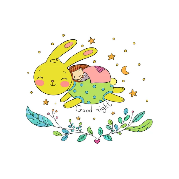Dormire cartone animato ragazza e coniglietto . — Vettoriale Stock