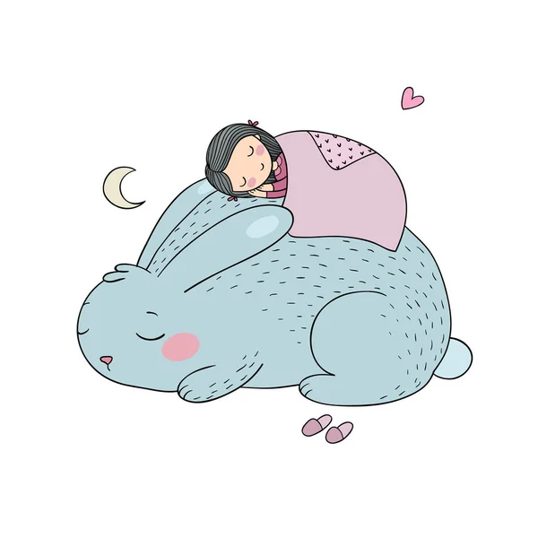 Spící karikatura dívka a Bunny. — Stockový vektor