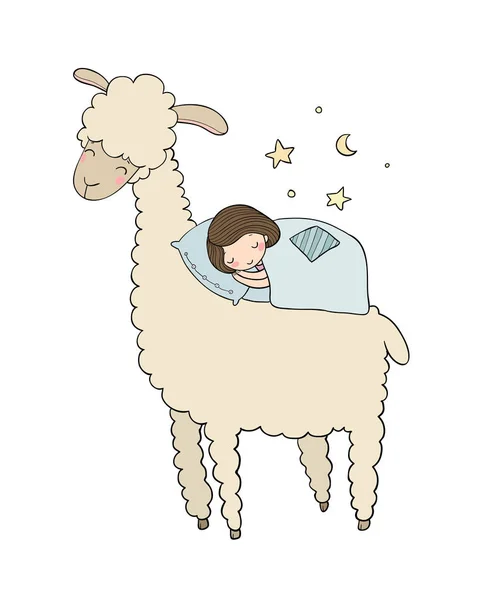Una ragazza addormentata e un lama dei cartoni animati. Buonanotte. . — Vettoriale Stock