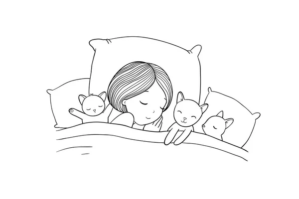 熟睡的女孩和猫在床上。晚安. — 图库矢量图片