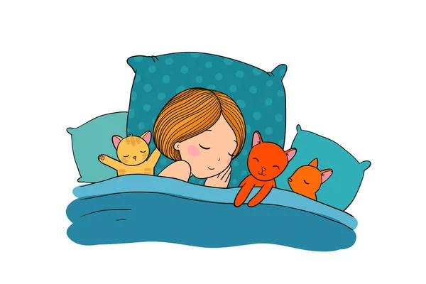 Ύπνο κορίτσι και την γάτα στο κρεβάτι. Καληνύχτα. — Διανυσματικό Αρχείο