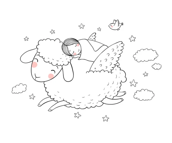 眠っている少女と翼を持つ羊。おやすみなさい. — ストックベクタ