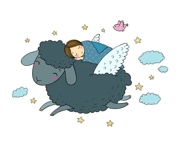 Uma menina adormecida e uma ovelha com asas. Boa noite. . — Vetor de Stock