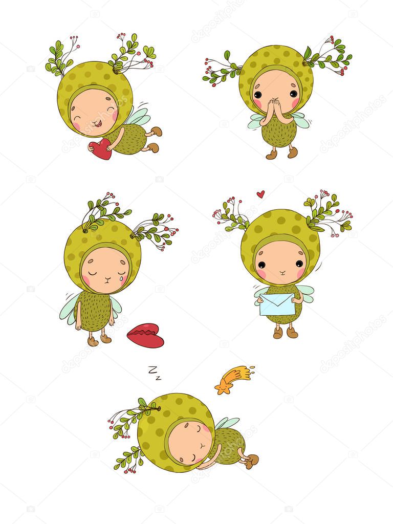 Set with a cheerful insect. Forest Fairy. Cute Elf. Cartoon fly.