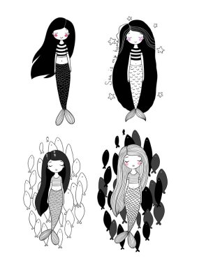 Sevimli dizi karikatür küçük deniz kızı. Siren. Deniz Tema.