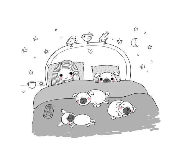 Malá a roztomilá pugs jsou spí na posteli. — Stockový vektor