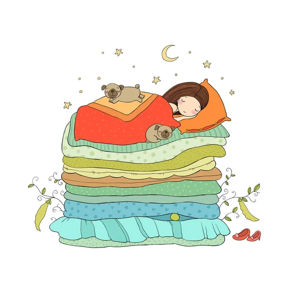 Una niña pequeña y lindos pugs están durmiendo en la cama . — Vector de stock