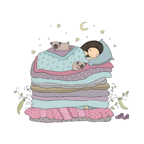 A little girl and cute pugs are sleeping on the bed. — Stock Vector